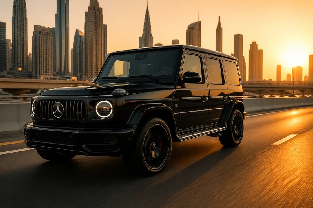 Mercedes-Benz G63 on Sheikh Zayed Road at golden hour for luxury car comparison Dubai road presence
