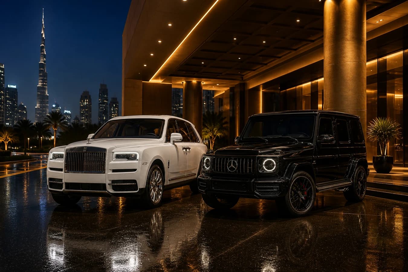 Cullinan vs G63 rental Dubai hero with Rolls-Royce Cullinan and Mercedes-Benz G63 at a Downtown hotel at dusk