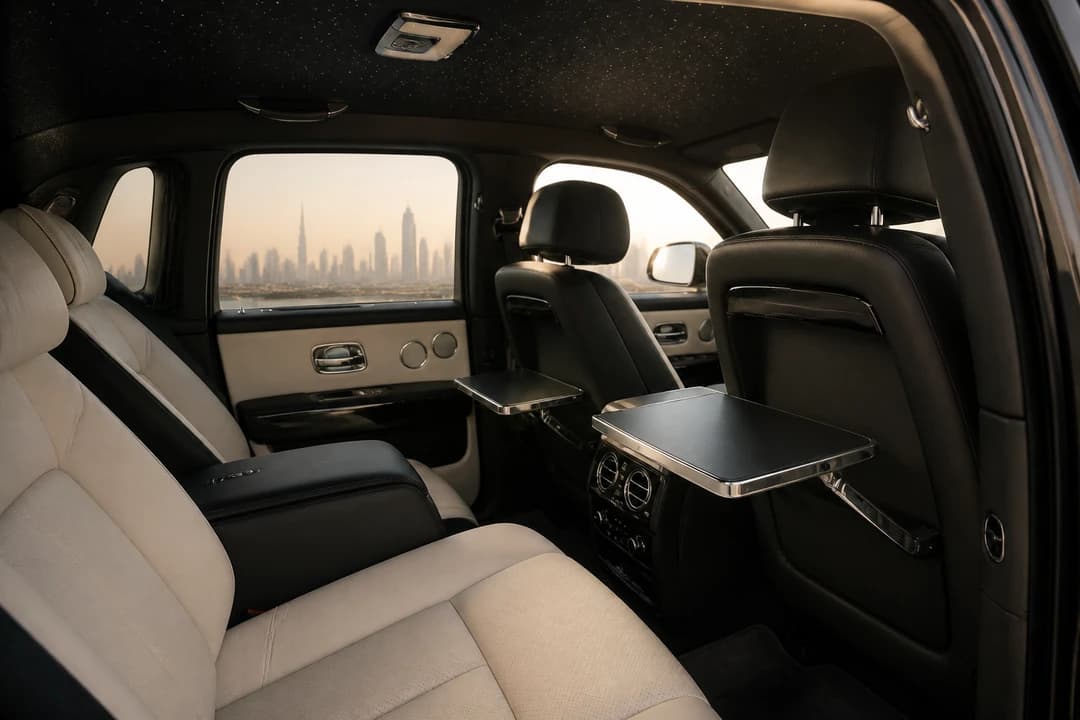 Rolls-Royce Cullinan rear cabin for best luxury car Dubai comfort on a VIP hotel week
