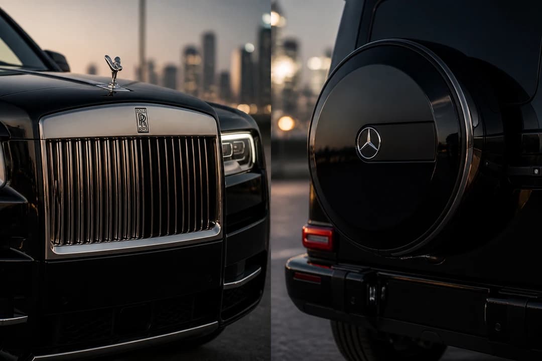 Rolls-Royce Cullinan Pantheon grille beside Mercedes G63 spare-wheel cover for Cullinan vs G63 rental Dubai identity