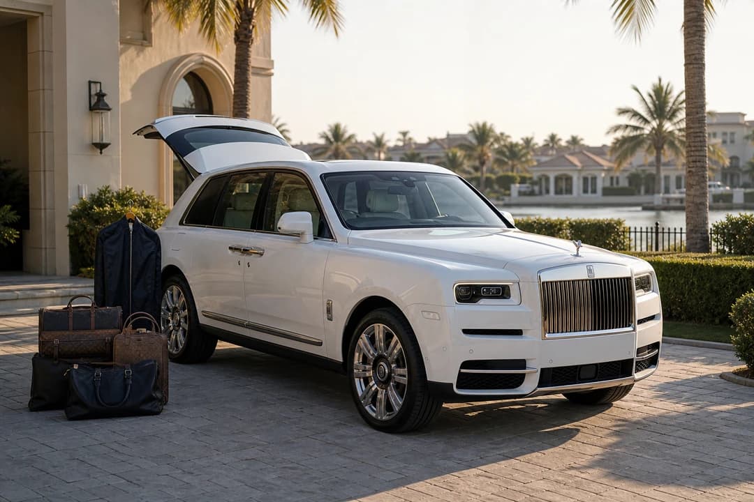 Rolls-Royce Cullinan open hatch with soft luggage for luxury car hire Dubai packing reality