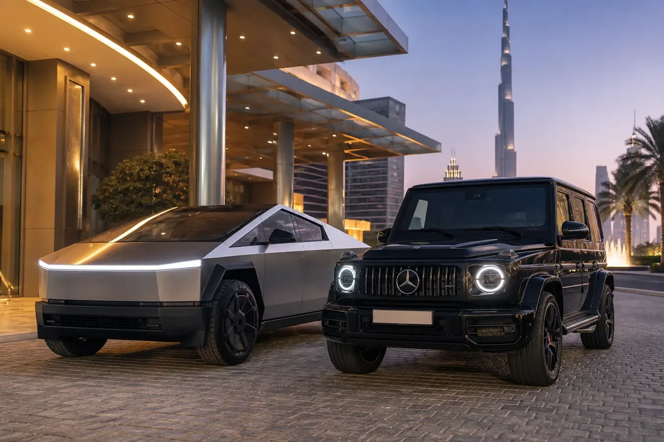 Cybertruck vs G63 rental Dubai hero with Tesla Cybertruck and Mercedes-Benz G63 at a Downtown hotel at dusk