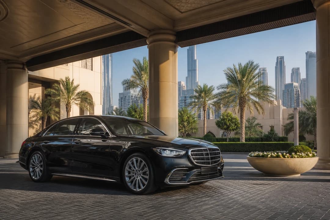 Luxury car comparison Dubai: dark sedan at a Downtown hotel for a one- or two-day daily hire