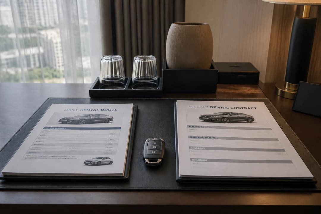 Seven-day quote notes beside a shorter daily stack for luxury car hire Dubai rate comparison