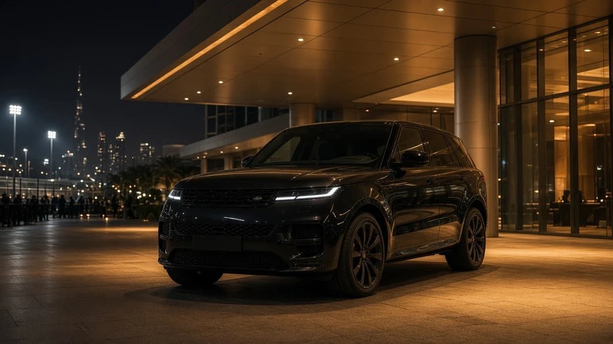 Luxury SUV at a Dubai circuit hospitality pavilion porte-cochère after an evening motorsport event