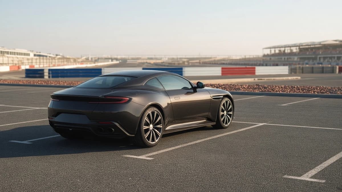 Closed luxury GT in a Dubai Autodrome spectator car park for luxury car rental Dubai event parking
