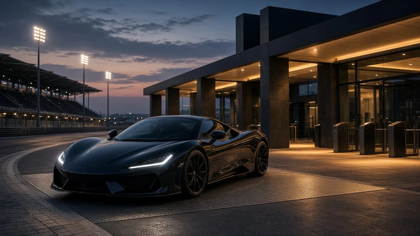 Dubai Autodrome luxury car rental: exotic coupe arriving at a Dubai motorsport circuit spectator entrance at dusk