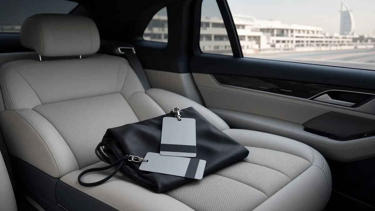 Calm luxury sedan cabin with soft event bags before a Dubai Autodrome spectator hospitality day