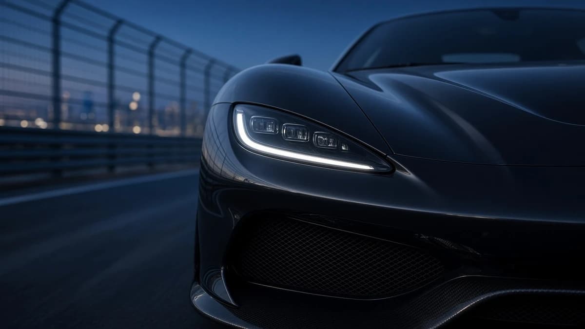 Supercar headlight detail with blurred Dubai circuit fencing at blue hour for Dubai Autodrome luxury car rental