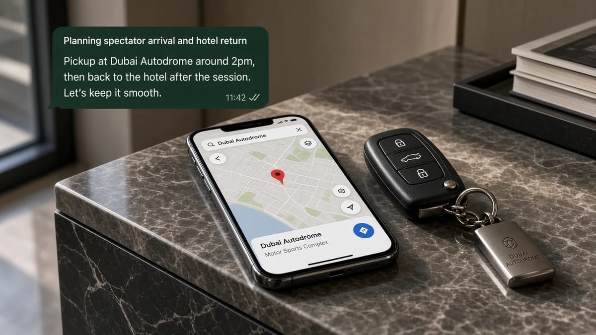 WhatsApp Autodrome pin and keys on a luxury console for Dubai car delivery before a motorsport event