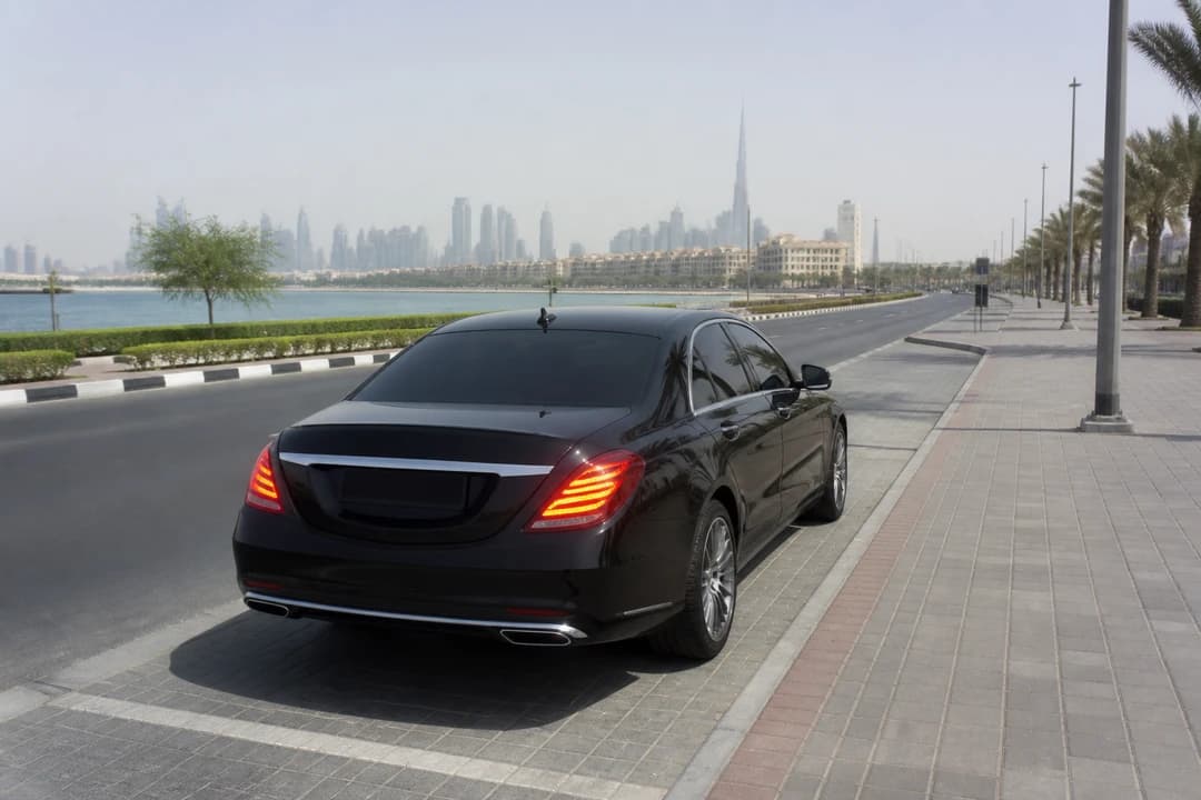 Luxury car hire Dubai slowed for a legal roadside check with hazards on during a tourist driving licence UAE week