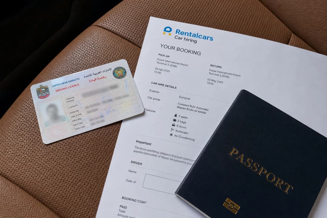 Dubai rental car documents pack with licence and booking proof ready for a traffic-file or roadside check