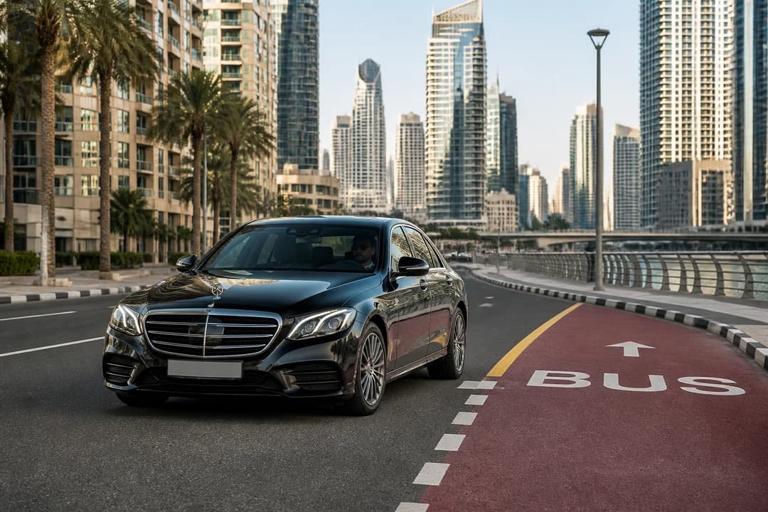 Rental car Dubai kept out of a marked bus lane on a Dubai Marina corridor in soft afternoon light