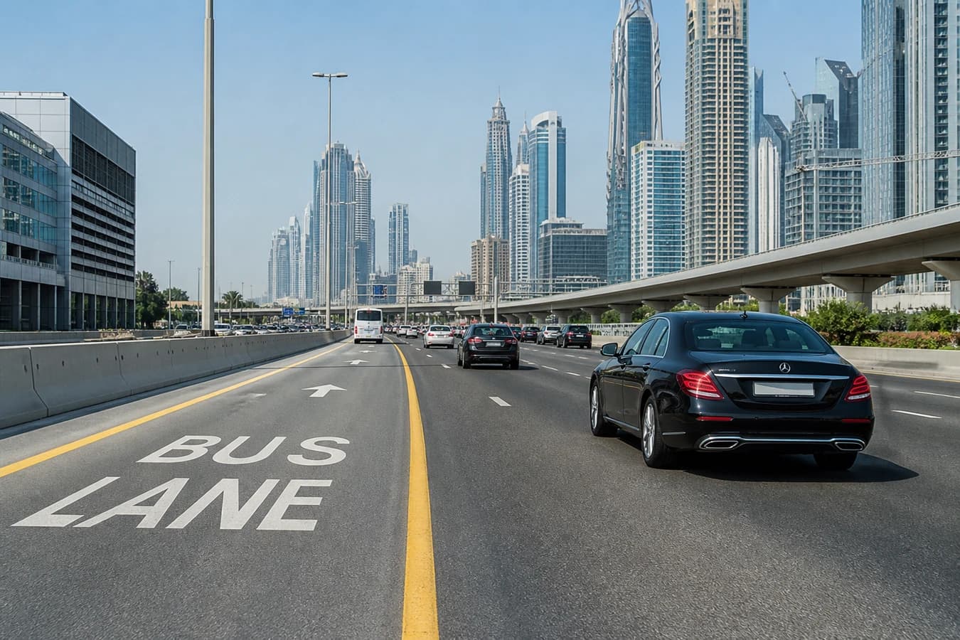 Dubai bus lanes rental car: luxury hire staying in the general traffic lane beside a marked bus lane in daylight