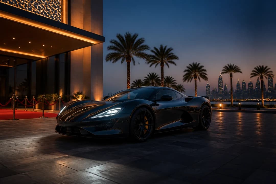 Evening event arrival with a dark coupe outside a Dubai venue for supercar rental Dubai client entertainment