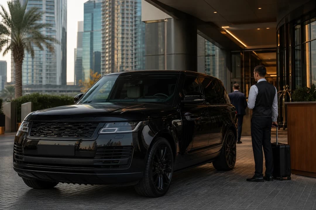 Executive luxury SUV at a Business Bay hotel valet for luxury car rental Dubai meeting days