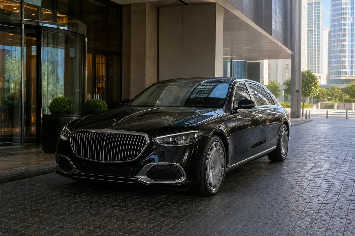 Business car rental Dubai September hero with a black Maybach sedan at a DIFC porte-cochère on a weekday morning