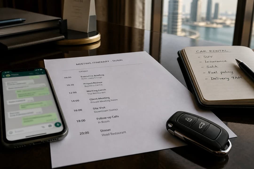 WhatsApp booking notes with meeting times and hotel doors for business car rental Dubai September planning