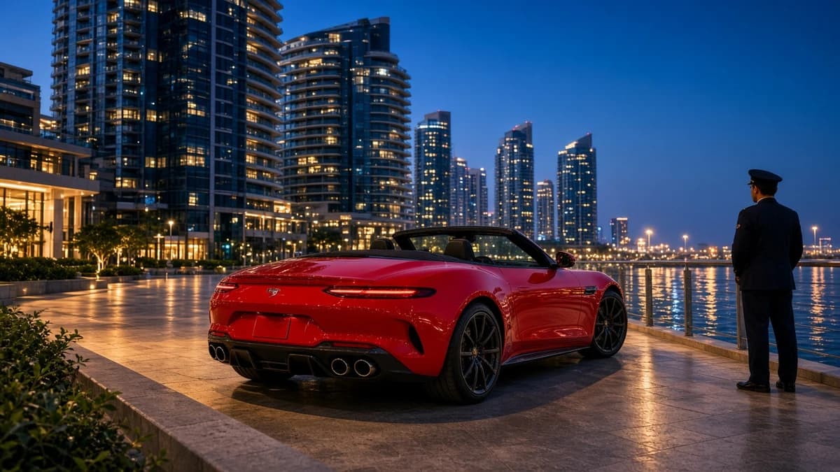Luxury convertible at Dubai Marina waterfront valet after a Jumeirah to Marina coastal drive at dusk