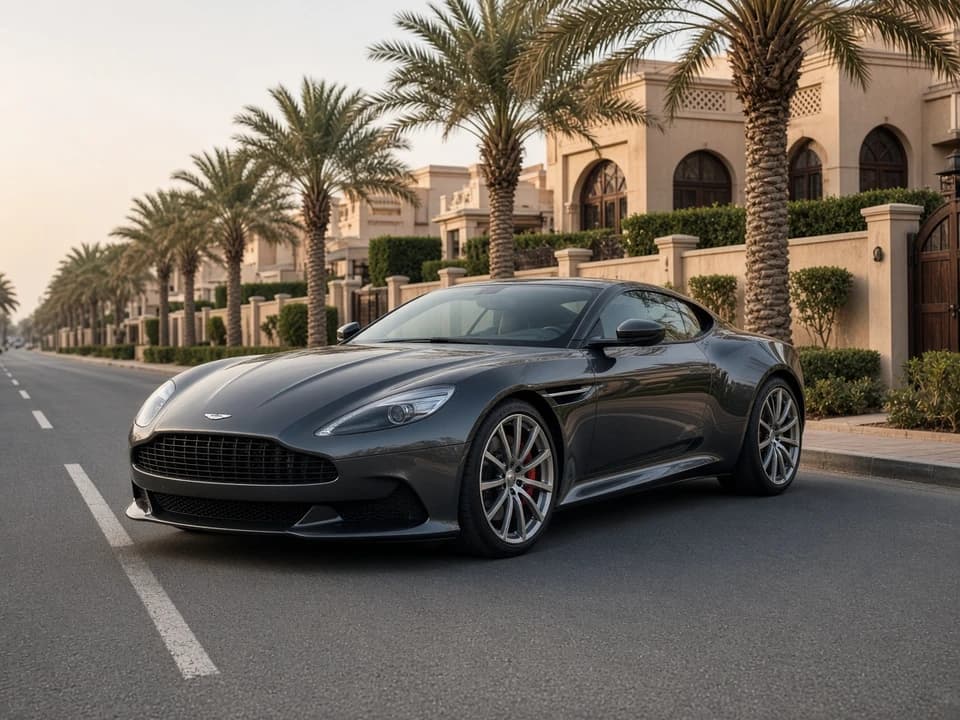 Luxury GT coupe on Jumeirah Beach Road for best cars to rent Dubai on a coastal evening loop