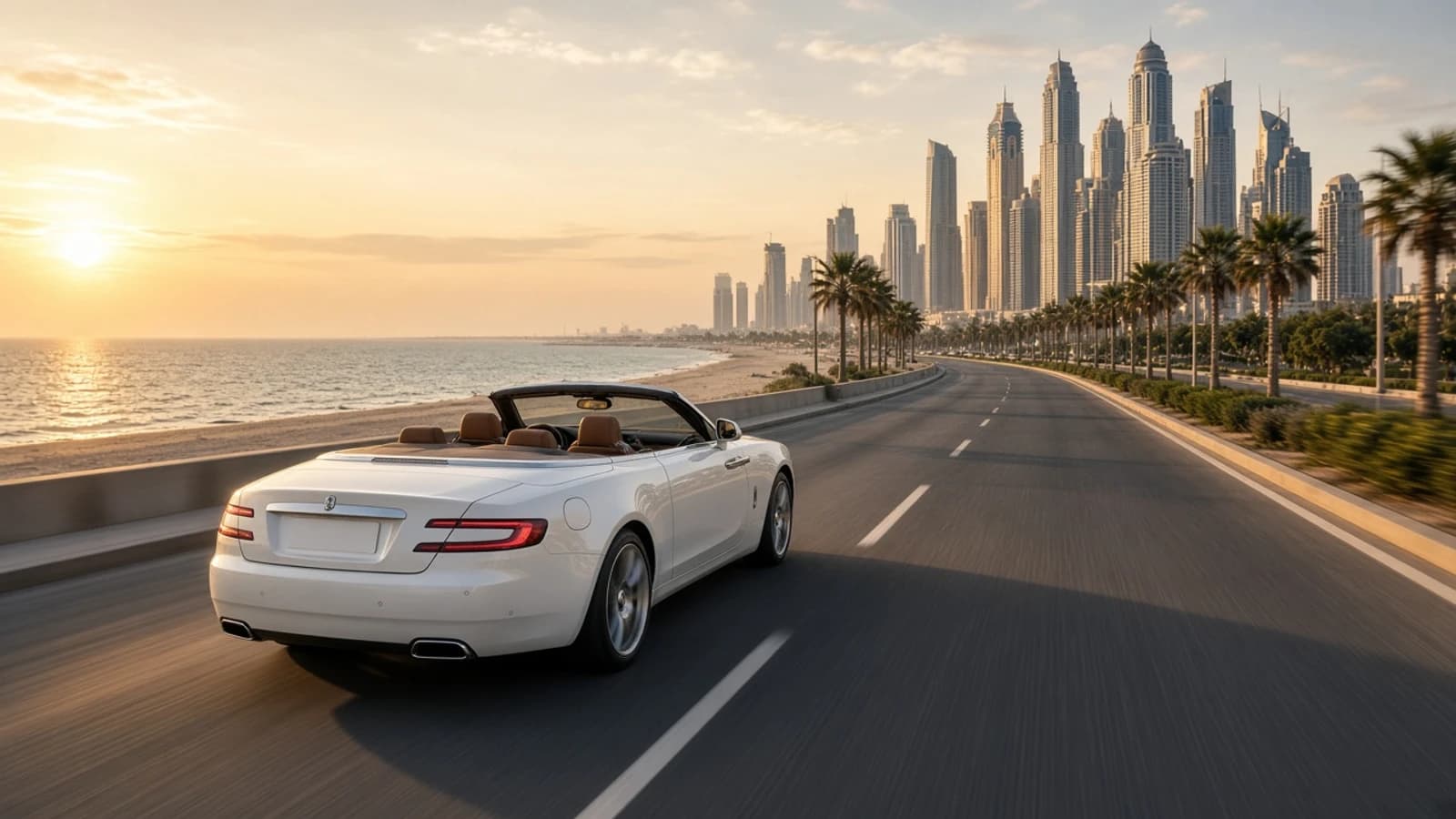 Dubai coastal drive luxury car: convertible on Jumeirah Beach Road toward Marina towers at golden hour