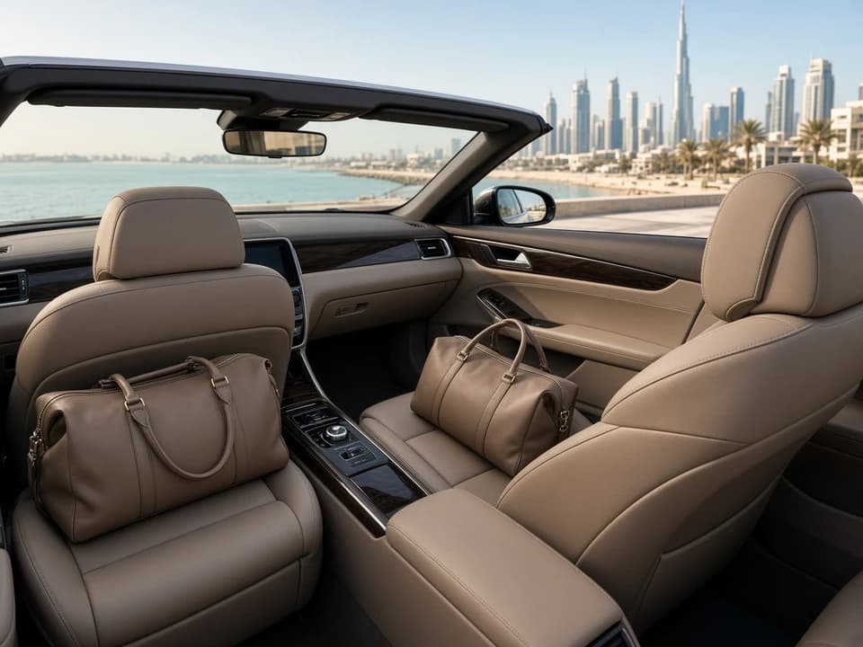 Convertible cabin with soft bags ready for a Dubai coastal drive luxury car evening toward Marina