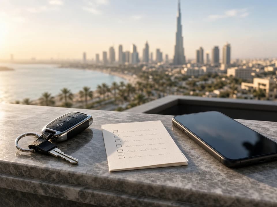 Dubai car delivery checklist with keys before a UAE road trip rental coastal loop from Jumeirah