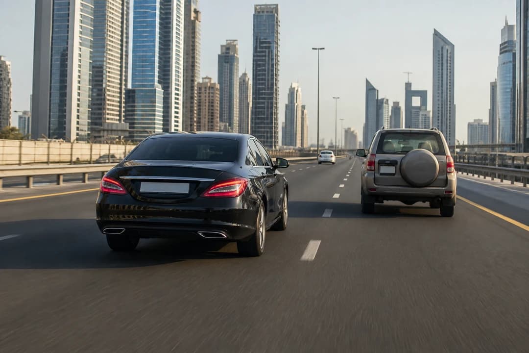 Rental car Dubai completing a calm left-lane overtake while slower traffic stays right on a Dubai dual carriageway