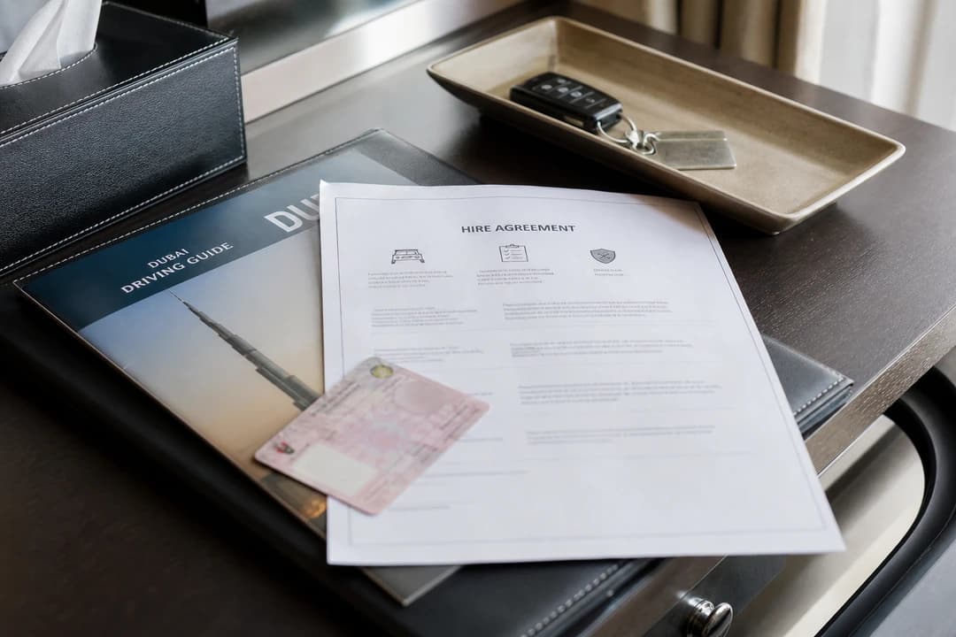 UAE road rules briefing: rental documents and licence pack ready before a luxury car hire Dubai week