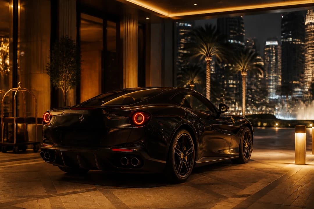 Ferrari coupe at a Downtown Dubai hotel porte-cochère before an event car rental Dubai Opera hop