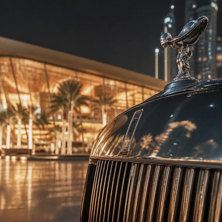 Rolls-Royce grille detail with soft Dubai Opera plaza lights for Dubai Opera luxury car rental identity