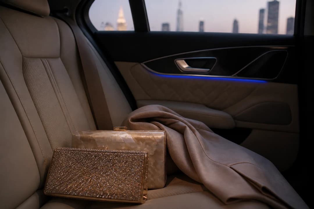 Evening clutch bags on a luxury sedan rear seat before Dubai car delivery to a cultural venue