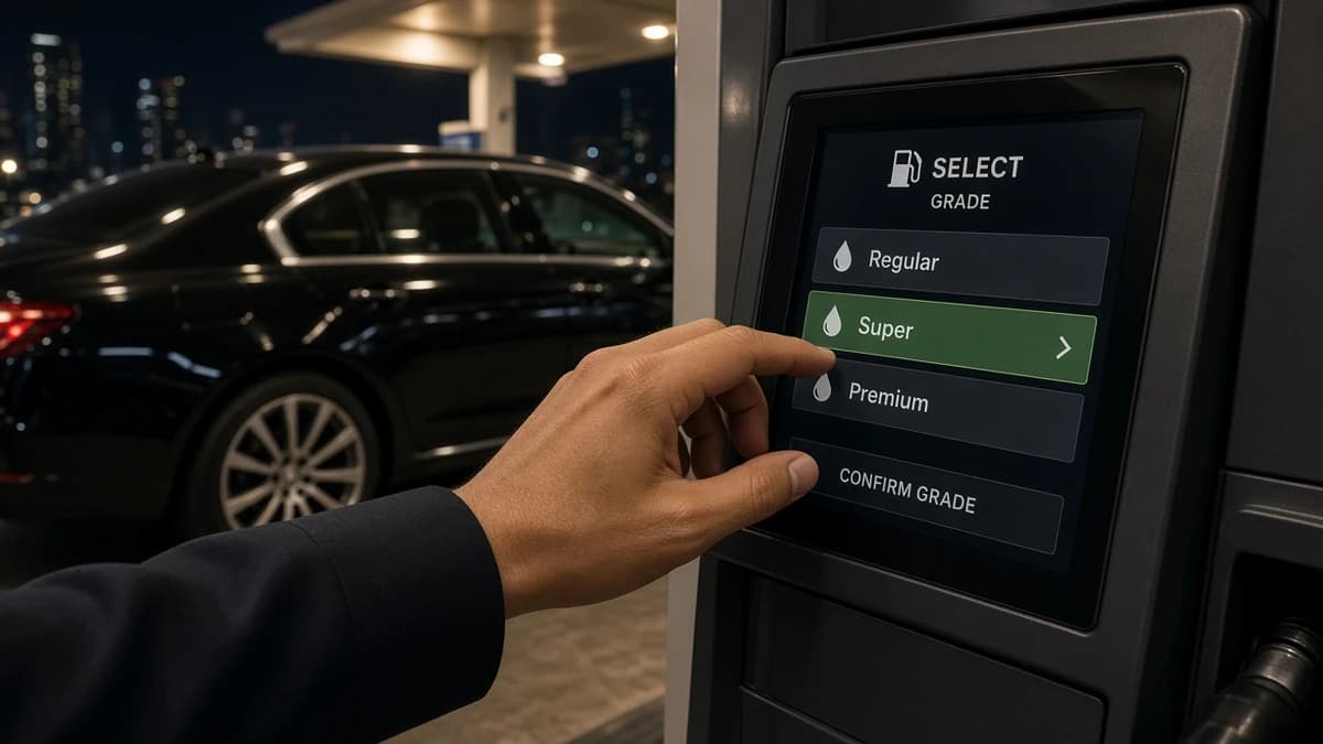 Hand selecting Super high-octane grade on a Dubai petrol pump before supercar rental refuelling
