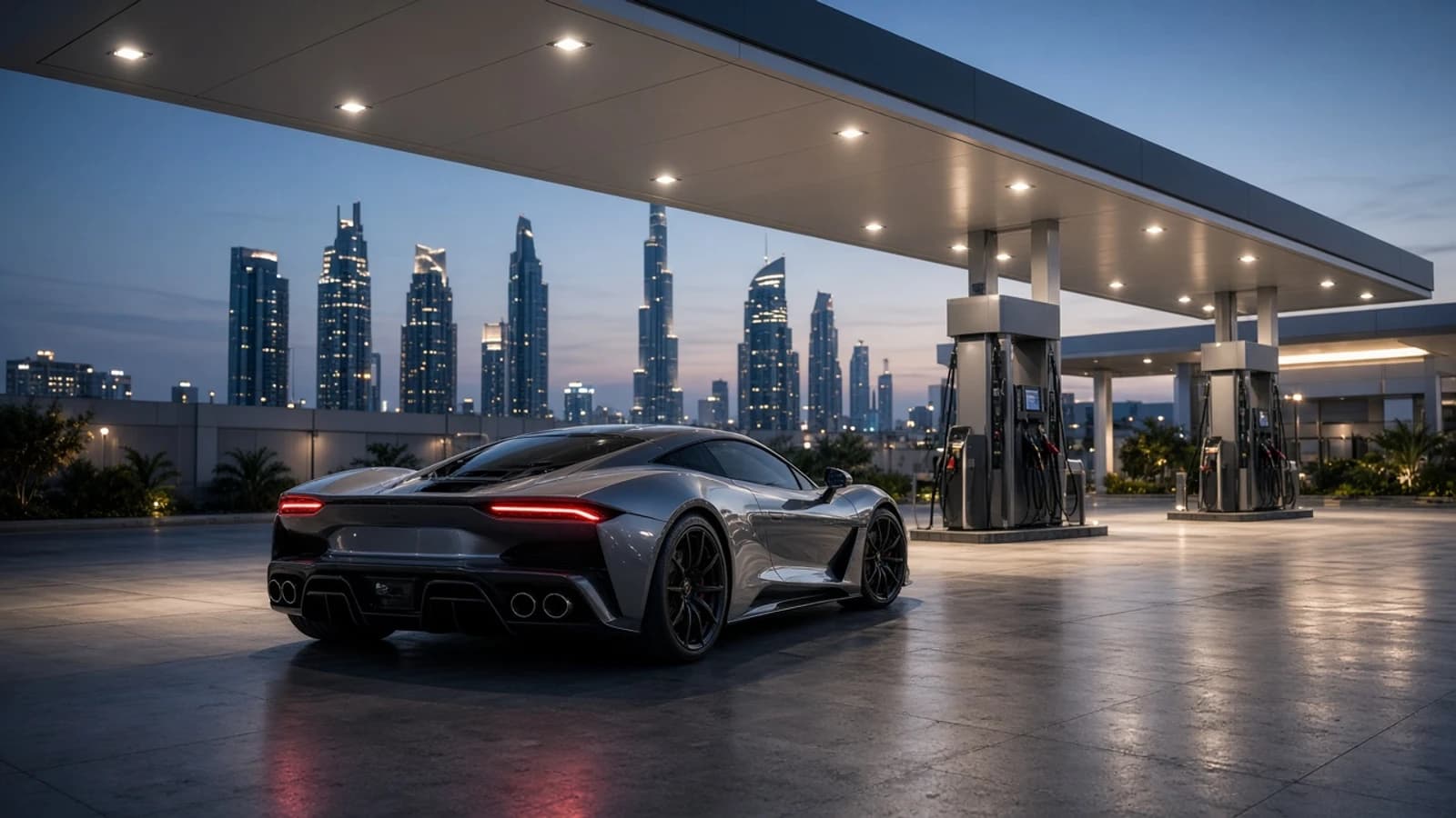 Dubai petrol station supercar rental: low exotic coupe under canopy lights at a modern Dubai forecourt