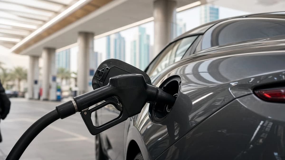 Premium petrol nozzle at an open supercar filler flap during UAE road trip rental top-up in Dubai
