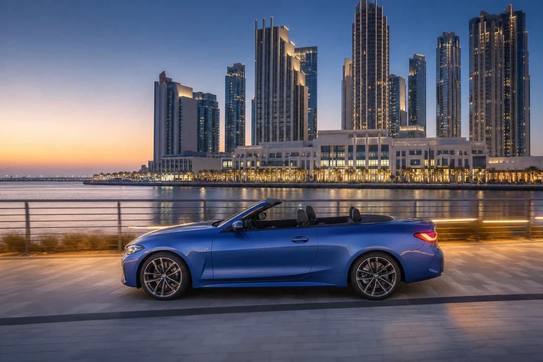 BMW 430i Convertible on Dubai Creek Harbour boardwalk at blue hour for supercar rental Dubai open-top proposal loops
