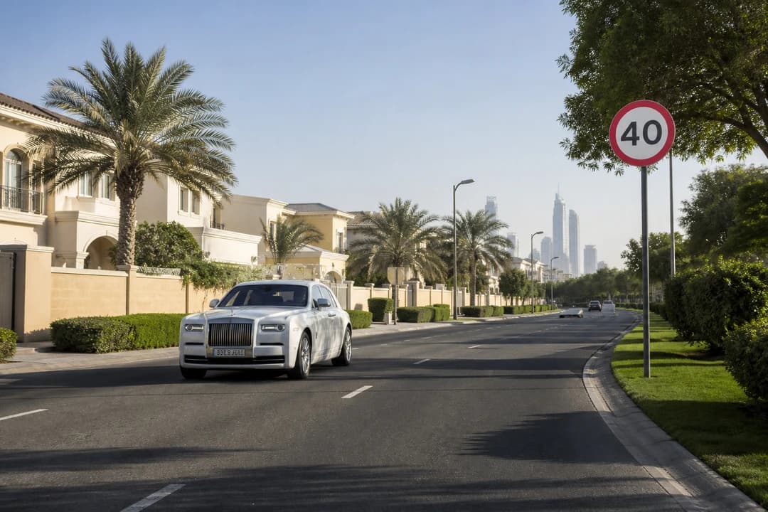 Luxury car hire Dubai observing a residential speed-limit sign on a quiet villa street in soft afternoon light