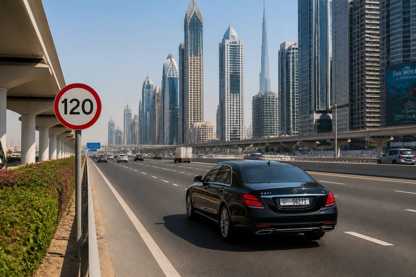 Dubai speed limits rental car: highway speed-limit sign beside a calm luxury hire on Sheikh Zayed Road in daylight