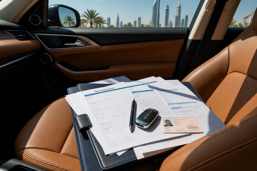 Dubai rental car documents pack with licence and hire papers ready before a tourist driving licence UAE week