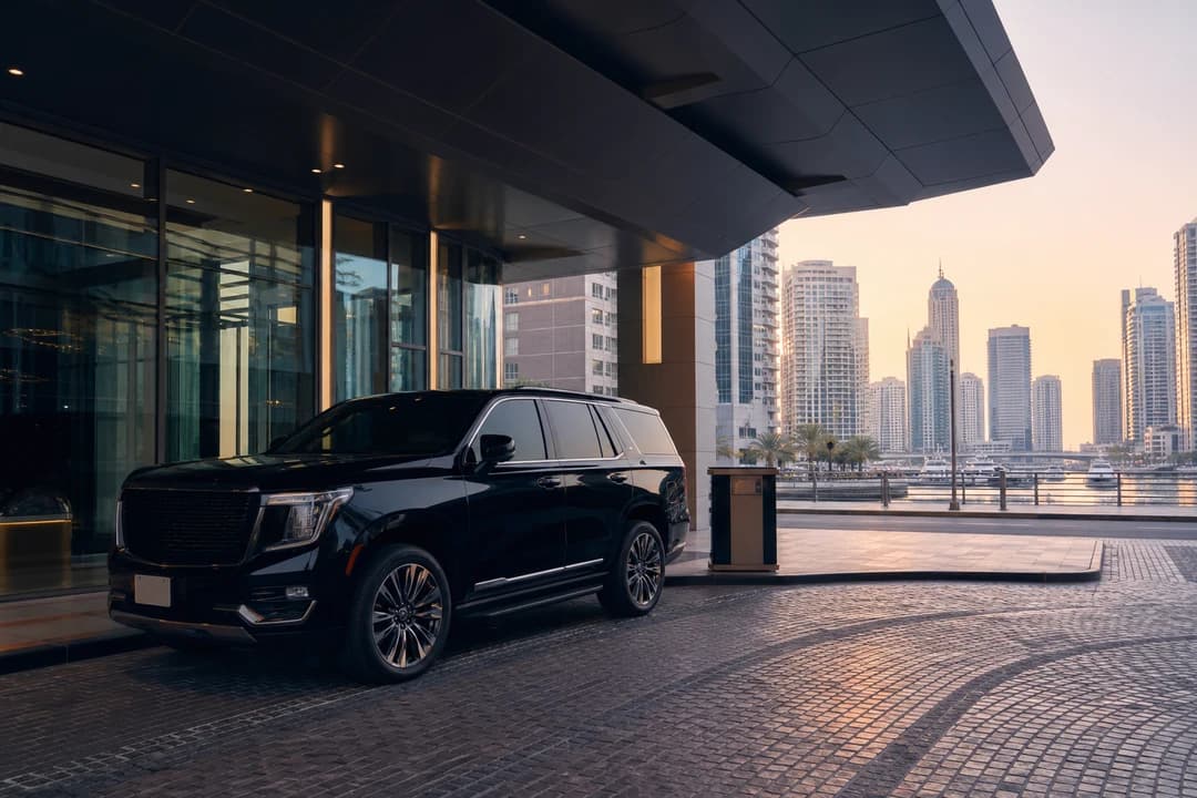 Luxury car rental Dubai at first light outside a Marina hotel porte-cochère with cabin doors still closed