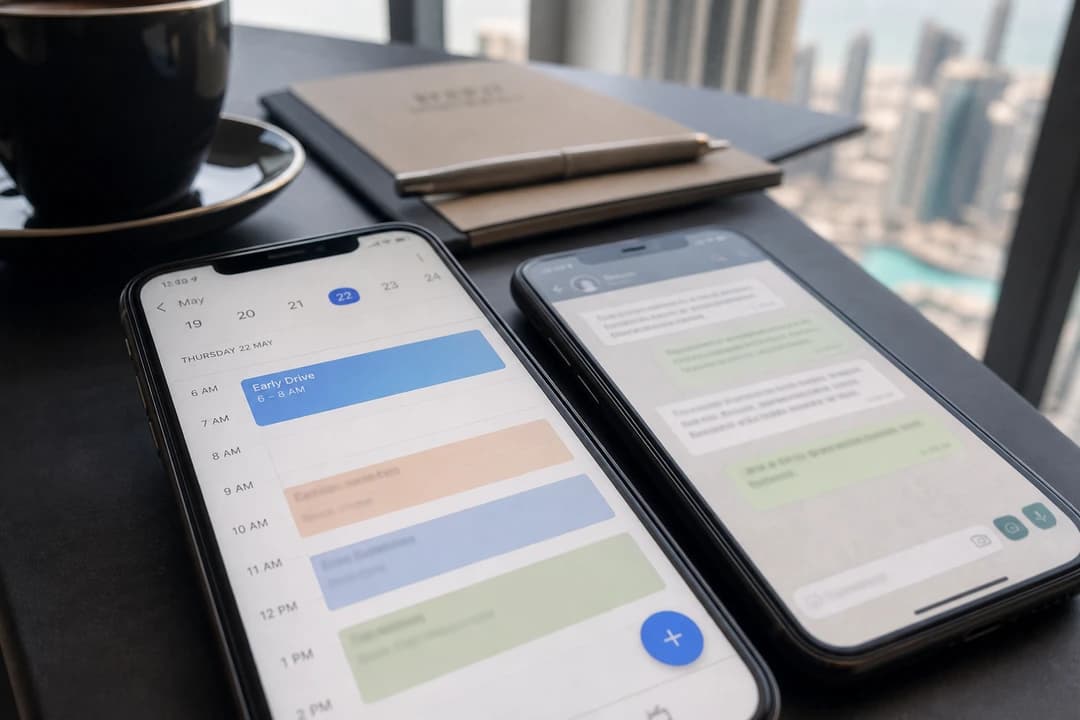 Dubai car hire summer plan: phone calendar showing dawn drive block beside a WhatsApp booking thread