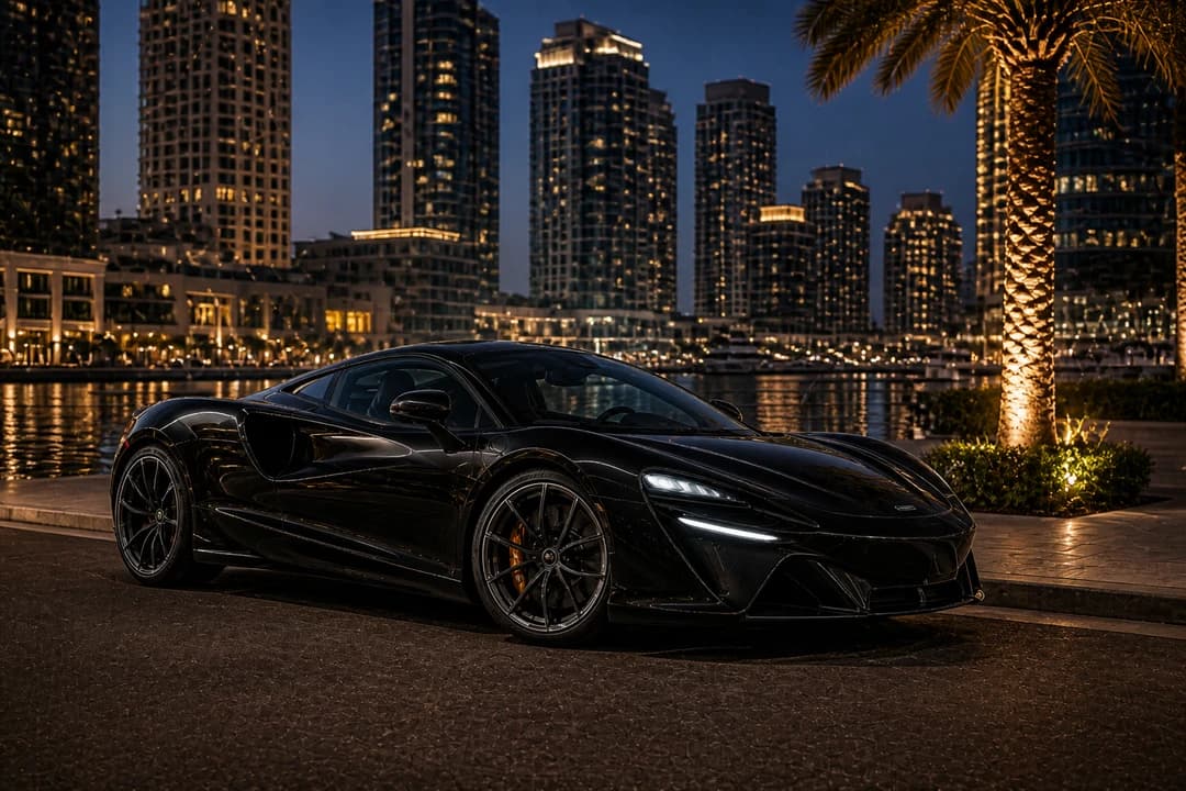 Closed silver coupe on Marina waterfront after dusk for supercar rental Dubai summer hotel evenings