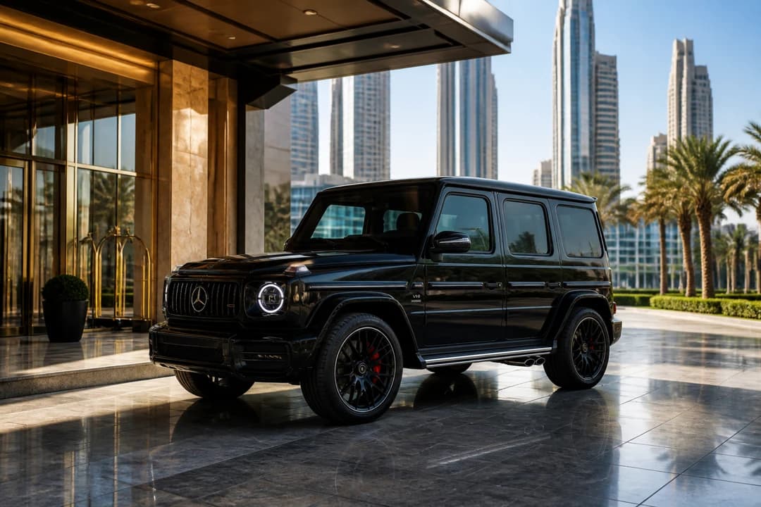 Mercedes-Benz G63 at hotel valet podium for luxury car rental Dubai summer short trips