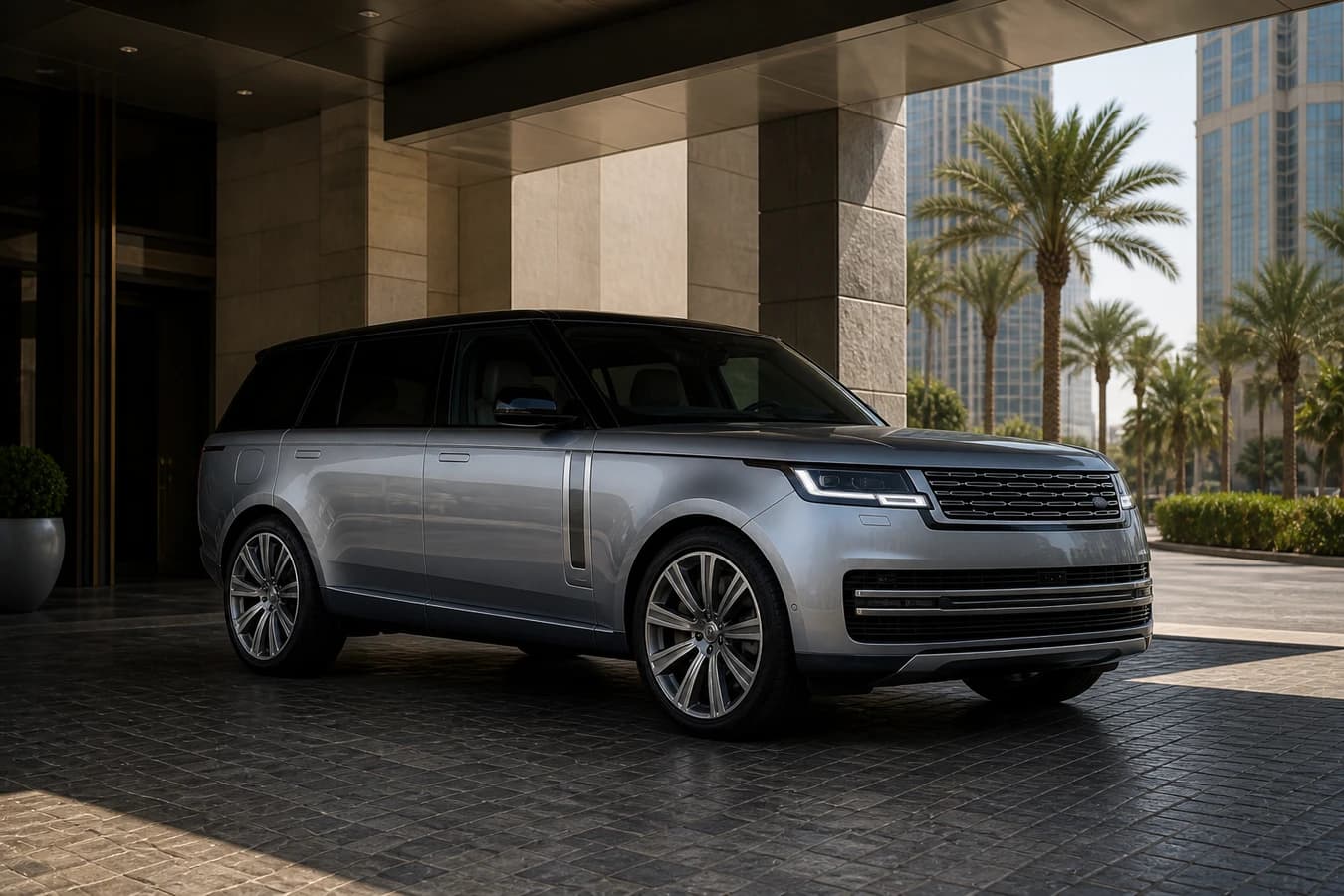 Best luxury car Dubai hotel summer hero with a closed Range Rover at a shaded Downtown hotel porte-cochère at noon