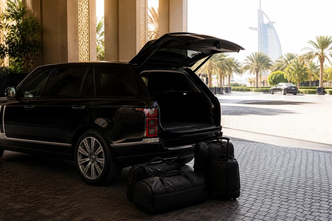 Soft bags at a shaded hotel kerb handover for best cars to rent Dubai summer valet plans