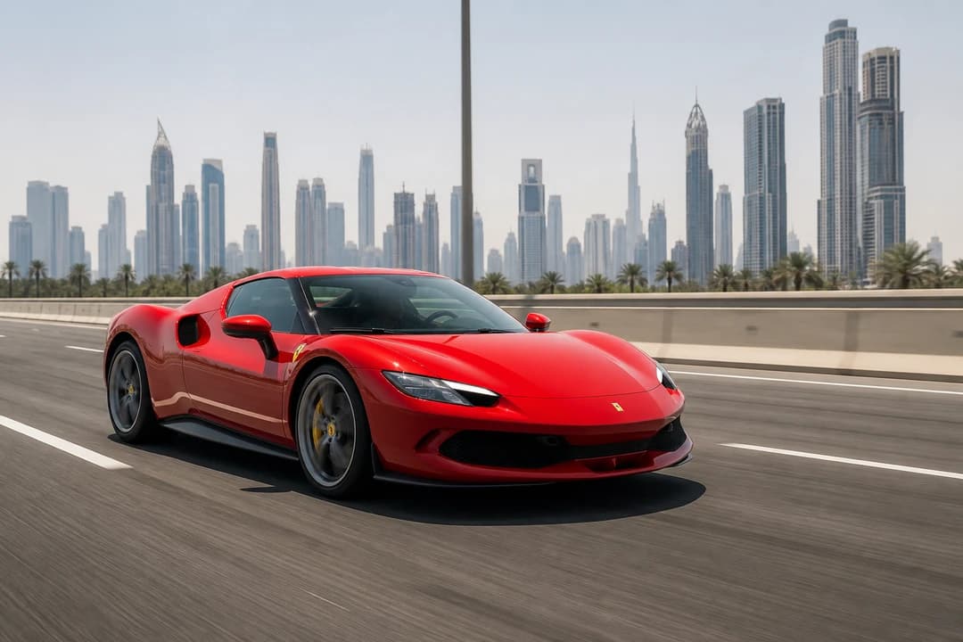 Supercar rental Dubai in summer with a closed Ferrari coupe on Sheikh Zayed Road in bright afternoon haze