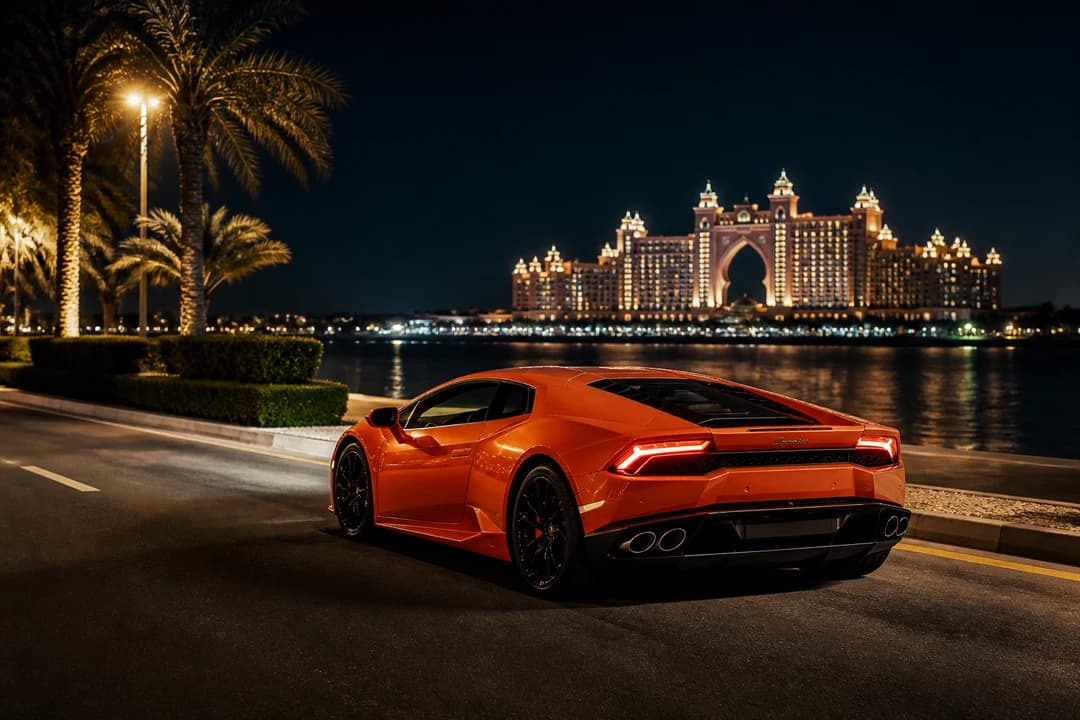 Lamborghini Huracan on Palm Jumeirah after sunset for supercar rental Dubai lifestyle loops