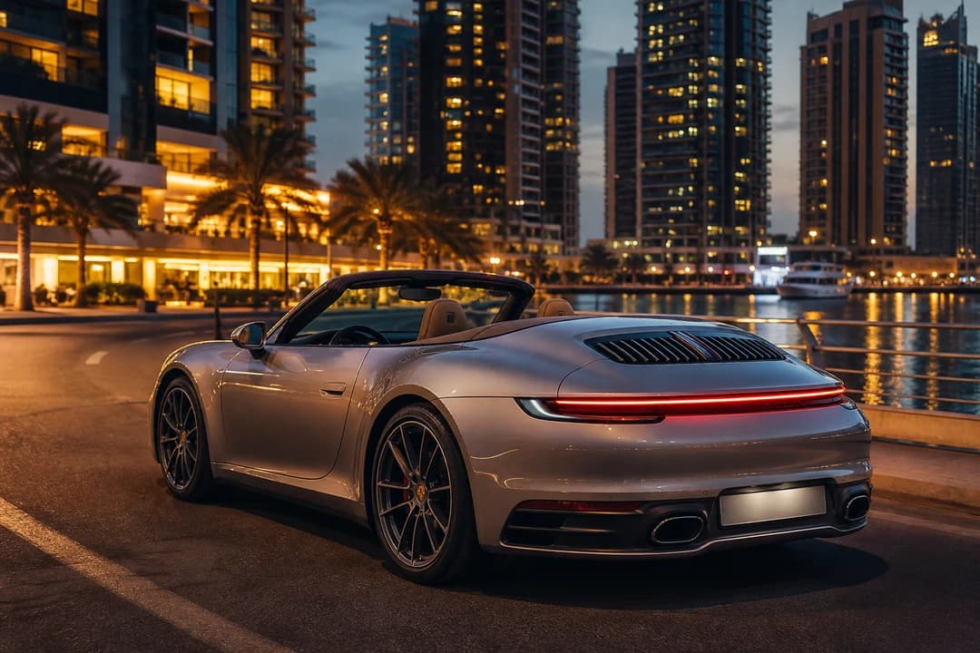 Porsche 911 convertible on Dubai Marina waterfront for best cars to rent Dubai after dusk