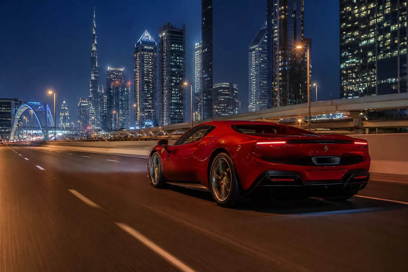 Dubai summer night drive luxury car: Ferrari 296 GTB on Sheikh Zayed Road after sunset