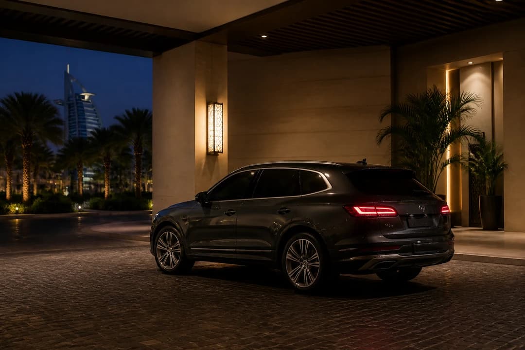 Luxury SUV hotel porte-cochère handover for Dubai car hire after sunset